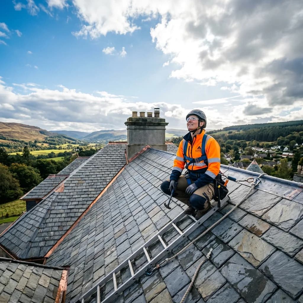 Roofer inspecting a roof surface for damage